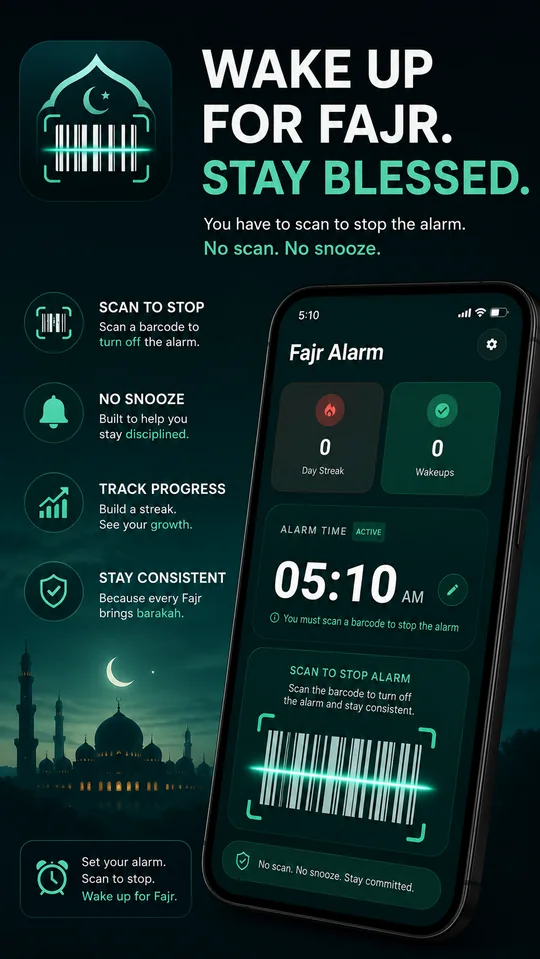Fajrlock home screen with the alarm time and a barcode to scan